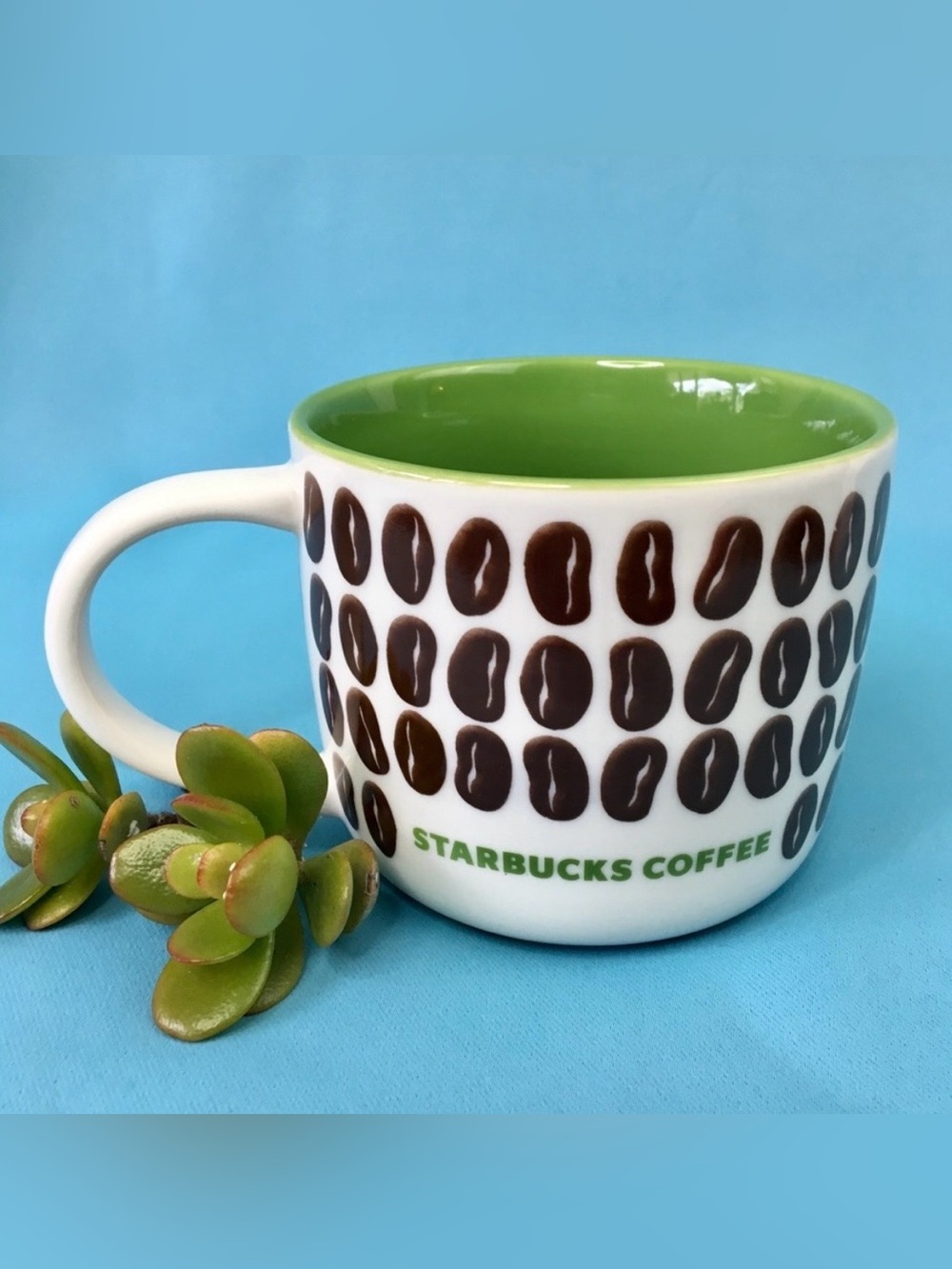 2009 Starbucks Coffee Bean Collectible Bone China Green Brown Mug Cup 16 oz.